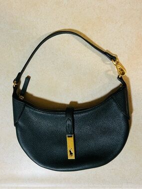 Ralph Lauren Black Pebbled Leather Crescent Shoulder Bag with Gold Accent